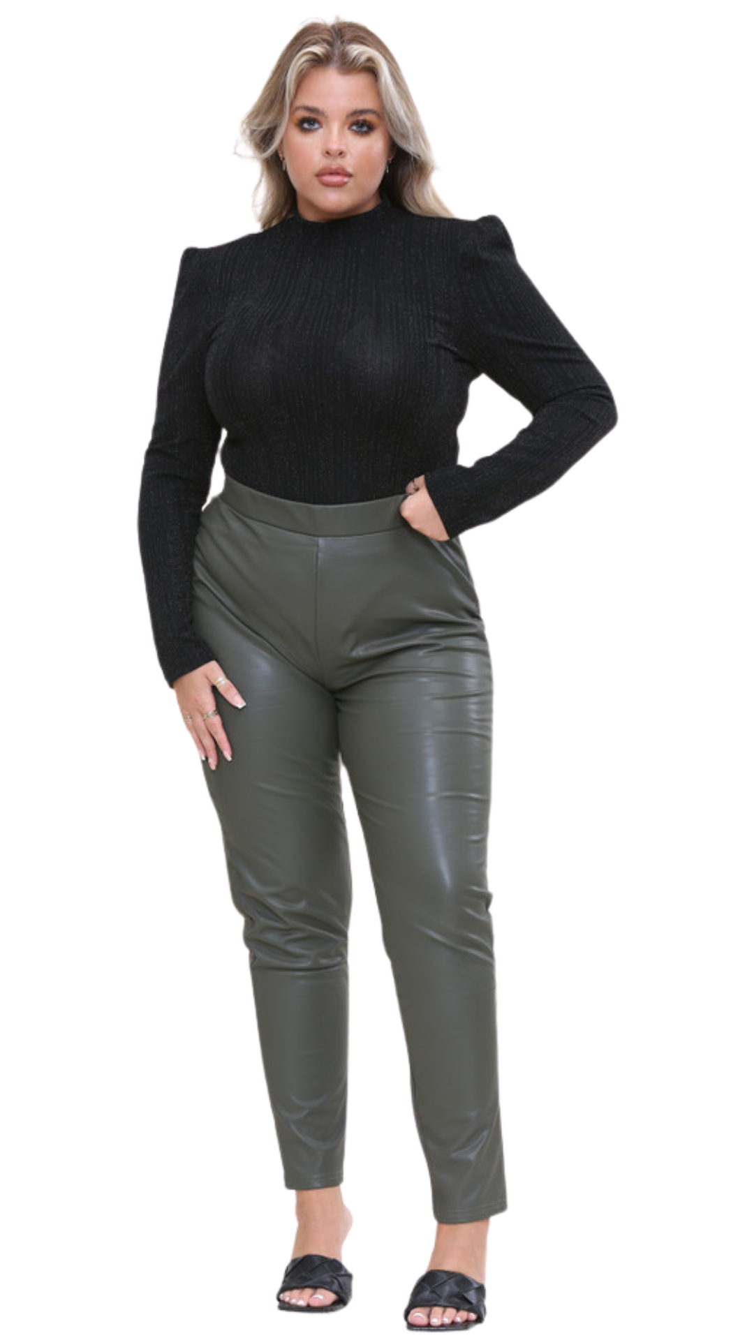 HIGH WAISTED MATT VEGAN LEATHER LEGGINGS KHAKI Eleventh Avenue Ltd