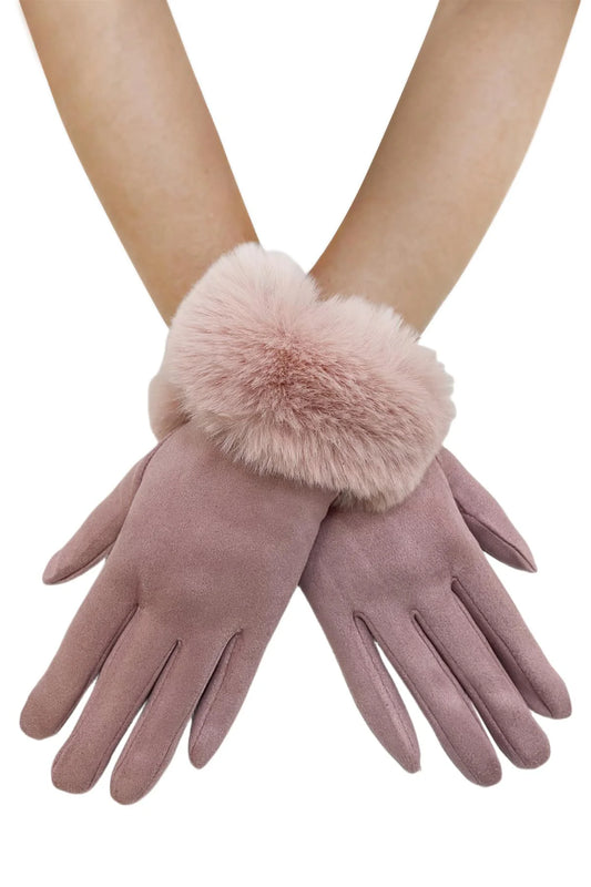 FAUX FUR TRIM SUEDE TOUCH SCREEN GLOVES - LIGHT PINK