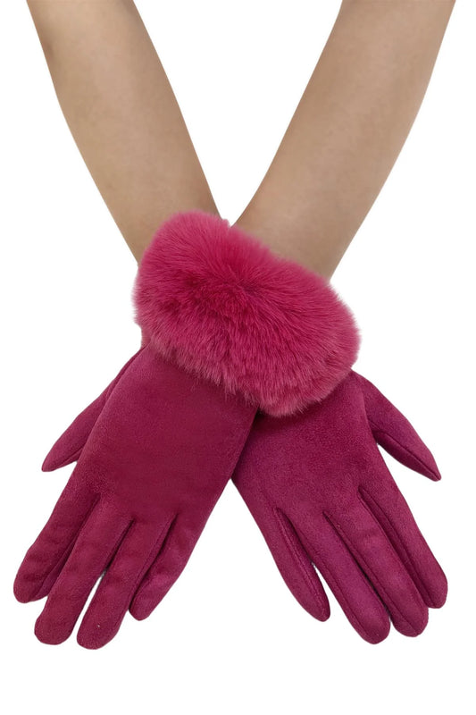 FAUX FUR TRIM SUEDE TOUCH SCREEN GLOVES - BARBIE PINK