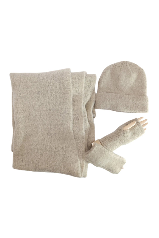 BOUCLE WOOL SCARF, HAT & GLOVE SET - SAND