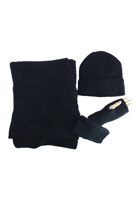 BOUCLE WOOL SCARF, HAT & GLOVE SET - BLACK