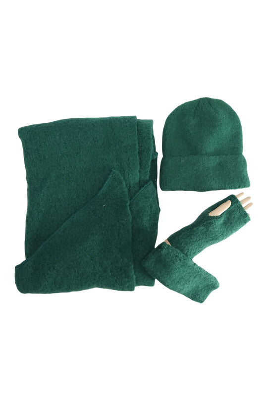 BOUCLE WOOL SCARF, HAT & GLOVE SET - GREEN