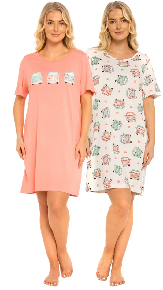 PACK OF 2 CAMPERVAN NIGHTIES  - CORAL & WHITE