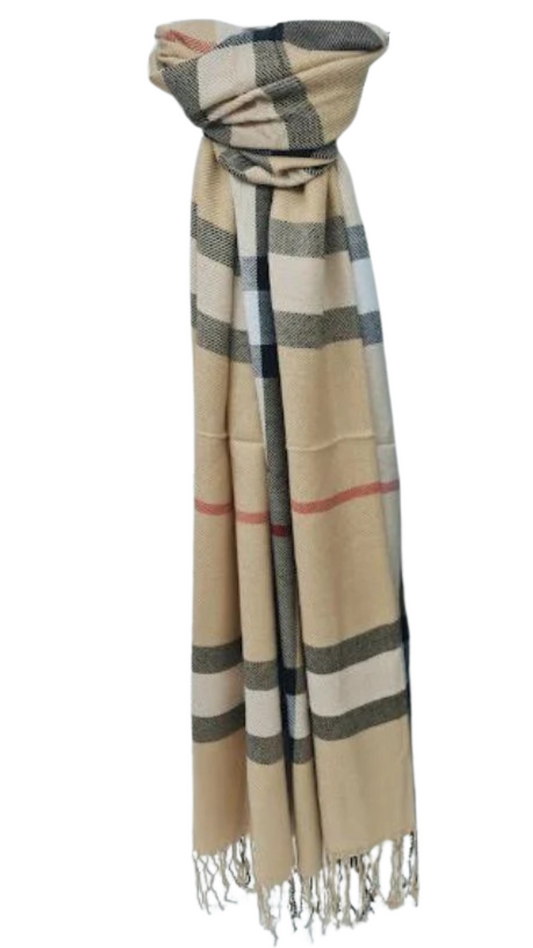 CHECK PRINT SOFT FEEL TASSEL SCARF - BEIGE