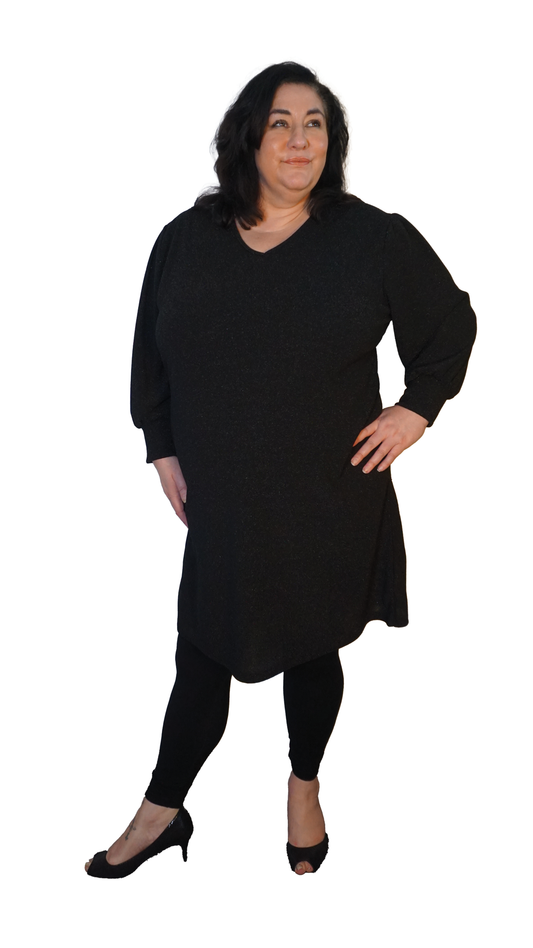 V - NECK LUREX TUNIC DRESS - BLACK