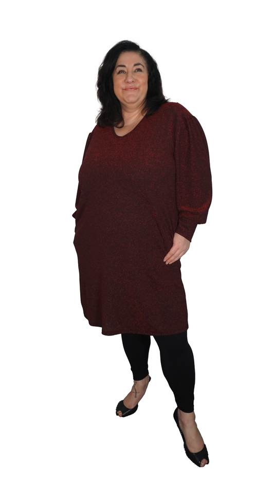 V - NECK LUREX TUNIC DRESS - WINE